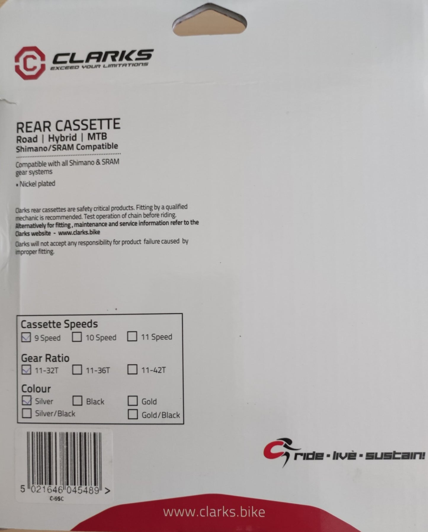 CASSETTE - Clarkes, 9 Speed, 11-32T, C.P. Shimano/SRAM compatible