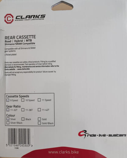 CASSETTE - Clarkes, 9 Speed, 11-32T, C.P. Shimano/SRAM compatible