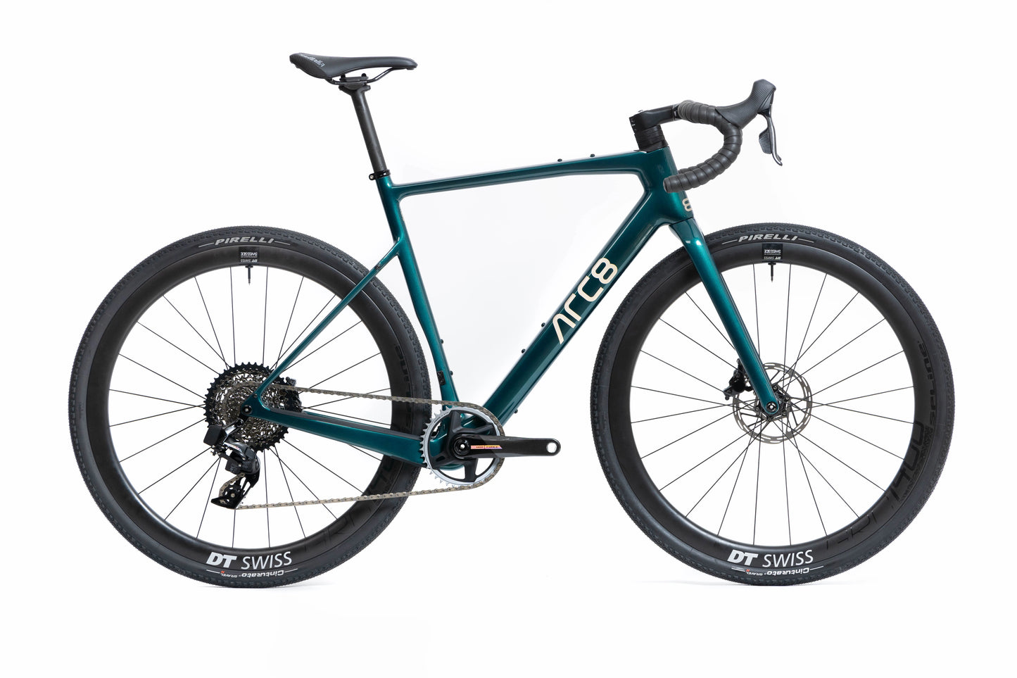 A green ARC8 Eero Gravel Bike with a carbon frame and Fork, integrated cables, and a two by twelve bike drivetrain.