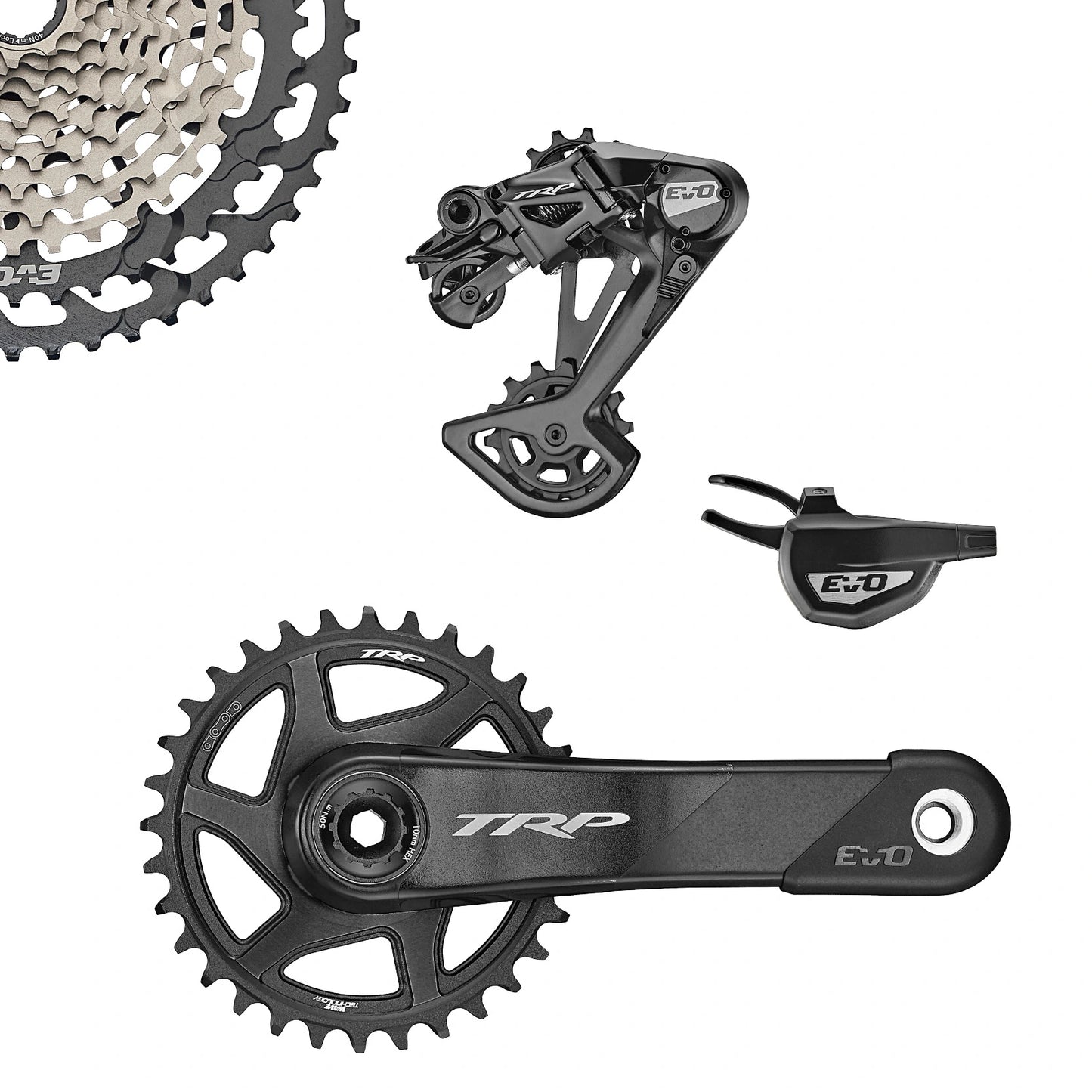 TRP-EVO-Group set. Cassette, Rear Derailleur, Shifter, Carbon Crank and Chainring. Grey
