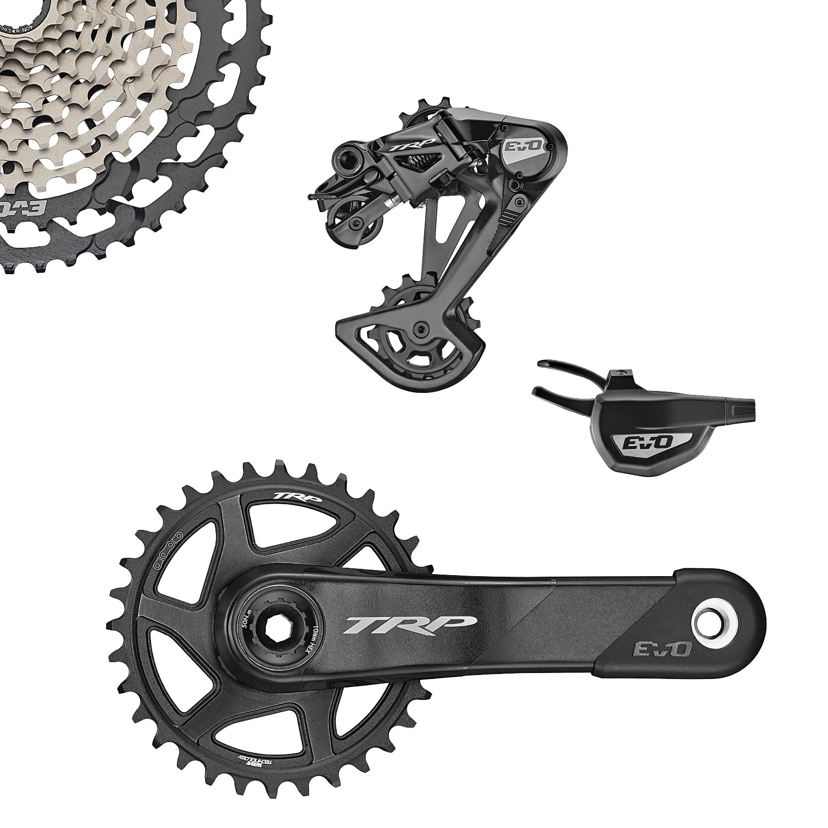 TRP-EVO-Group set. Cassette, Rear Derailleur, Shifter, Carbon Crank and Chainring. Grey
