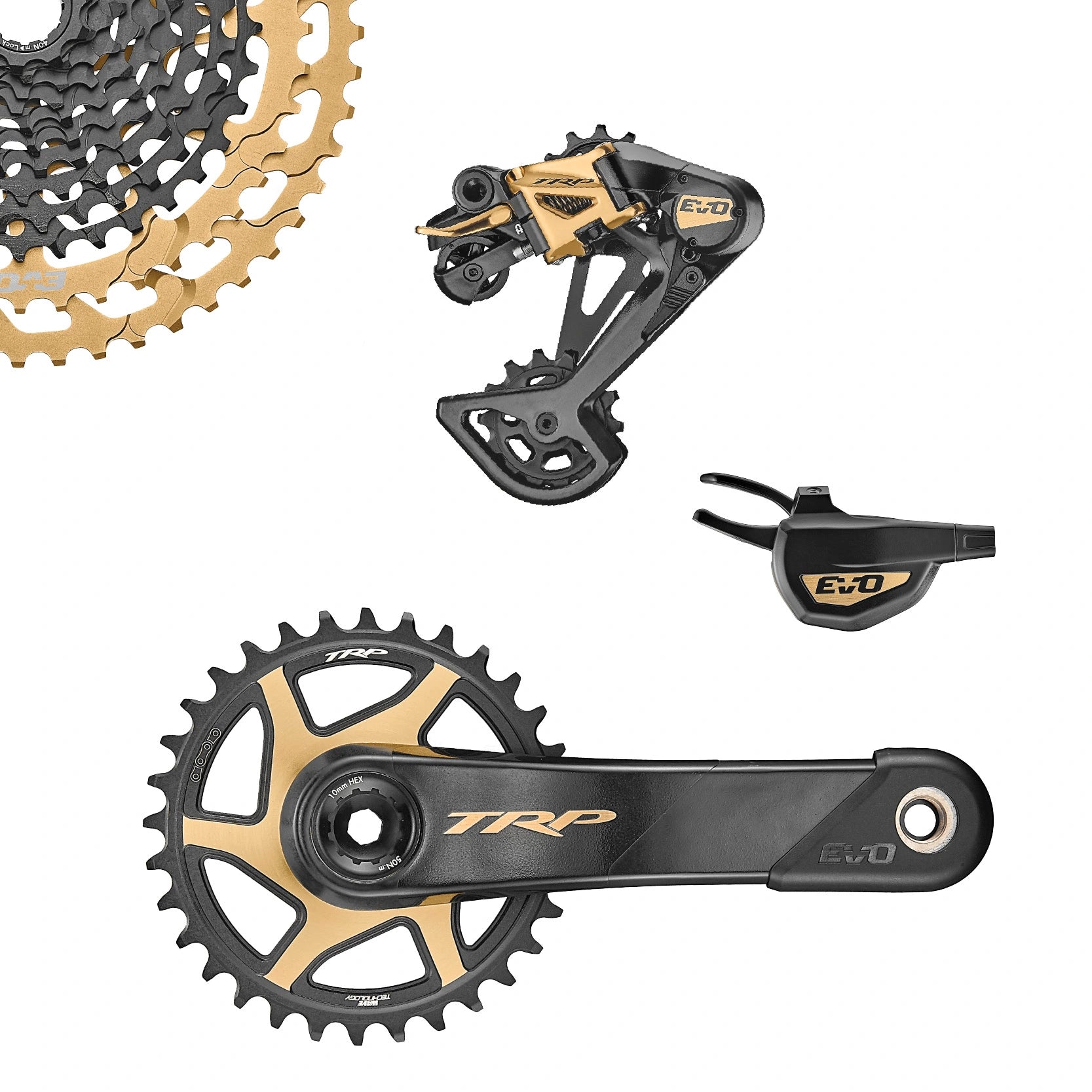 TRP-EVO-Group set. Cassette, Rear Derailleur, Shifter, Carbon Crank and Chainring. Gold